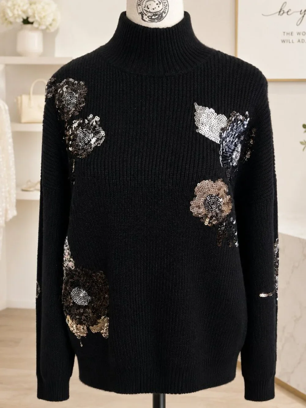 Nicole Miller Black Ribbed Turtleneck Sweater Sequin Floral Embellished Size L
